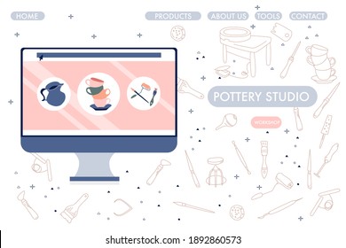 Pottery studio website design template. Clay crafting tools and instruments, ceramics production, sculpture modeling workshop and master class.Doodle style background.E commerce,sending mails.Vector