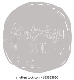 Pottery studio - white vector text on gray circle. Illustration.Typography poster, sticker design, apparel print