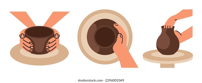 Pottery studio, workshop, class. A potter hands sculpts a clay pot on a potter's wheel. Vector illustration set isolated on white background