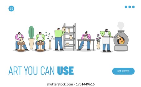 Pottery studio or workshop landing page design. Template homepage for art classes and handmade with cartoon artists or students creating crockery. Flat vector illustration