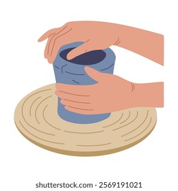 Pottery studio. Pottery workshop. Top view. A potter sculpts a clay pot on a potter's wheel. Vector illustration. 