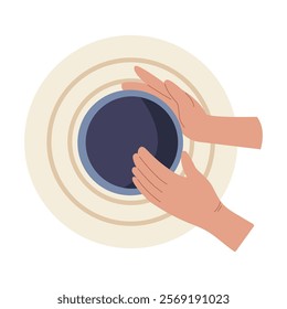 Pottery studio. Pottery workshop. Top view. A potter sculpts a clay pot on a potter's wheel. Vector illustration. 