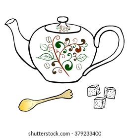 Pottery teapot sugar and spoon hand drawing