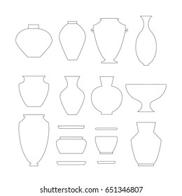 Pottery thin line icon set isolated on white background. Stock vector illustration of classic pot, vase, jar and bowl.