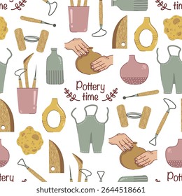 Pottery time, seamless vector pattern. Sponge, apron, ceramic vase, crockery. The artist sculpts a jug with his hands. Tools for clay modeling. Hobby ornament for print. Hand drawn flat background
