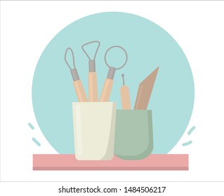 Pottery tools. Art studio. Vector illustration with tools for creating art ceramics.