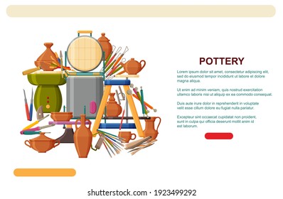 Pottery tools, equipments and clay dishes. Muffle furnace and wheel. Pottery studio web banner template or landing page.
