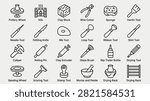 Pottery tools icons set. Collection of ceramic art symbols: pottery wheel, kiln, clay block, wire cutter, sponge, tools, needle, fettling knife, rib, loop, ribbon, sliver, caliper, rolling pin, extruder, brush, bottle, banding wheel, scoring, stamp, mortar, pestle, drying rack. Vector illustrations.