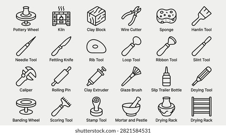 Pottery tools icons set. Collection of ceramic art symbols: pottery wheel, kiln, clay block, wire cutter, sponge, tools, needle, fettling knife, rib, loop, ribbon, sliver, caliper, rolling pin, extruder, brush, bottle, banding wheel, scoring, stamp, mortar, pestle, drying rack. Vector illustrations.