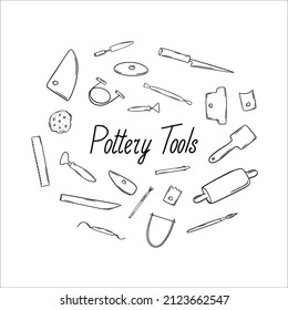 Pottery tools set for ceramics, hand-drawn illustration of instruments, used in ceramic workshop.