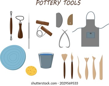 Pottery tools set. Vector illustration. For use in packaging, covers and flyers, prints, craft stores, postcards and invitations.