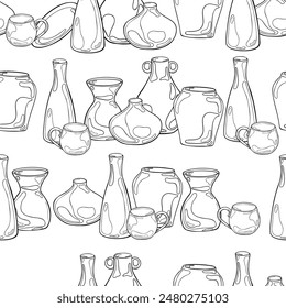 Pottery various shape and size stand in a row painted black white line. Kitchen crockery hand drawn by contour vector seamless pattern isolated. Pattern with jug and pot for design textile, paper