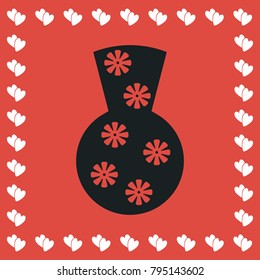 Pottery Vase icon flat. Simple black pictogram on red background with white hearts for valentines day. Vector illustration symbol