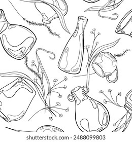 Pottery vase and small flowers in contour vector monochrome seamless pattern isolated. Leaves and stem in various vase hand drawn ink black white. For pottery themes textile, paper, background