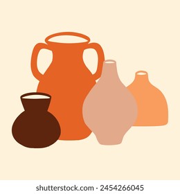 Pottery vases and jugs isolated on a white background. Boho ceramic jugs and vases. Vector illustration.