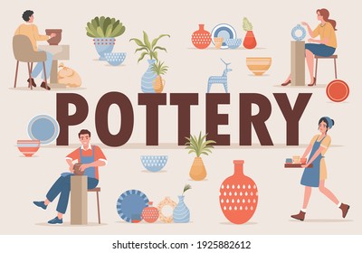 Pottery vector flat banner template with text space. Happy people at pottery workshop made vases and pots from clay. Handmade utensils, tableware for home decoration. Handcraft hobby poster design.