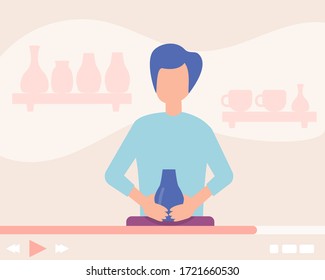 Pottery video tutorial for people want study, vector illustration. Man character shape clay for make decorative modern ceramics. App for distance master knowledge giving, crockery creation.