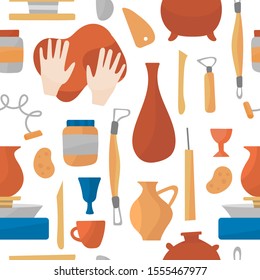 Pottery wheel and ceramics vector seamless pattern for background, print or textile. Pots, dishes, teapots, tools for clay, stacks, stages of work on the potter's wheel. Hands move clay top.