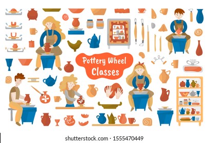 Pottery wheel and pottery mega vector set for background, print or textile. Ceramists, potter's wheels, pots, dishes, teapots, plates, blutz. Set of pottery workshop. Children's ceramics. 