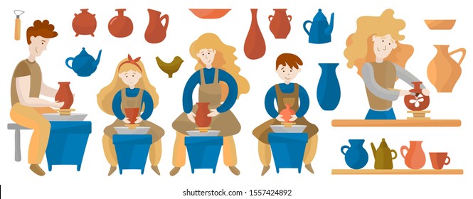 Pottery wheel and pottery mega vector set for background, print or textile. Ceramists, potter's wheels, pots, dishes, teapots, plates, blutz. Isolated items on a white background. Set of pottery works