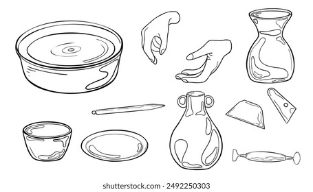 Pottery wheel and modeling tools black white vector illustration isolated. Set of pottery vases and women hands ink contour hand drawn. Stacks, spatula, jug in outline. For ceramics workshop, school.