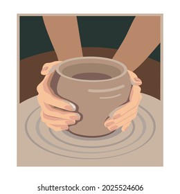 Pottery wheel. A potter sculpts a clay pot on a potter's wheel. Vector illustration.