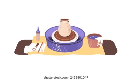 Pottery wheel, tools for creation ceramic ware. Potter's equipments for craft. Production of handmade crock, clay pot on workplace in workshop. Flat isolated vector illustration on white background