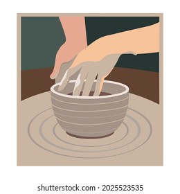 Vector de rueda de cerámica. Un alfarero esculpara una olla de arcilla sobre la rueda de un alfarero. Ilustración vectorial.