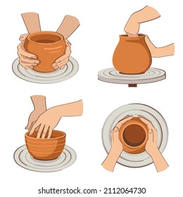 Pottery wheel. Pottery workshop. A potter sculpts a clay pot on a potter's wheel. Vector illustration.	
