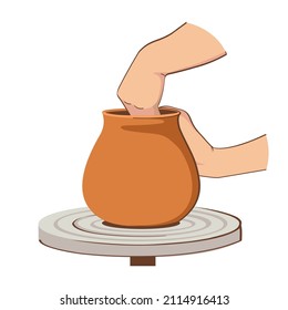 Pottery wheel. Pottery workshop. A potter sculpts a clay pot on a potter's wheel. Vector illustration.	
