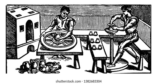 Pottery Wheels is a machine used in the shaping of round ceramic ware, The wheel may also be used during the process of trimming the excess body from dried ware, vintage line drawing or engraving