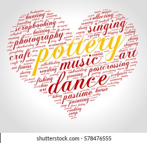 Pottery. Word cloud, heart, italic font, grey gradient background. Hobby.