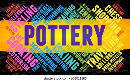 Pottery. Word cloud, multicolor font, yellow stripe, grunge background. Hobby.