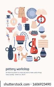 Pottery workshop advertising poster vector template. Modern ceramics, clay crockery flat illustration. Pottery lesson, ceramic studio, handmade master class invitation design layout.