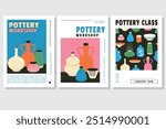 Pottery workshop advertising poster or web banner design template. Vases, plates, clay. Home decoration. Handmade lesson, ceramic studio, hobby master class, DIY, handcraft. Flat style vector