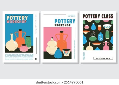 Pottery workshop advertising poster or web banner design template. Vases, plates, clay. Home decoration. Handmade lesson, ceramic studio, hobby master class, DIY, handcraft. Flat style vector