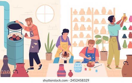 Pottery workshop. Artisan master teaching making handmade clay cup, ceramic handicraft lessons, artist shaping earthenware decor souvenir in art studio, classy vector illustration of handmade pottery