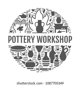 Pottery workshop, ceramics classes banner illustration. Vector glyph icons of clay studio tools. Hand building, sculpturing equipment. Art shop circle template with text.