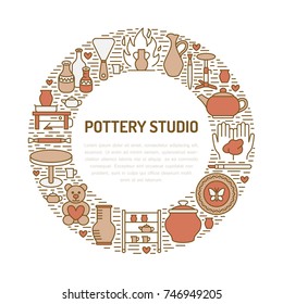 Pottery workshop, ceramics classes banner illustration. Vector line icon of clay studio tools. Hand building, sculpturing equipment. Art shop circle template with place for text.