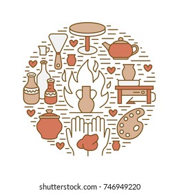 Pottery workshop, ceramics classes banner illustration. Vector line icon of clay studio tools. Hand building, sculpturing equipment. Art shop circle template.