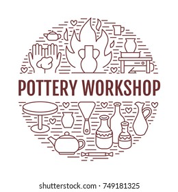 Pottery workshop, ceramics classes banner illustration. Vector line icon of clay studio tools. Hand building, sculpturing equipment. Art shop circle template with text.