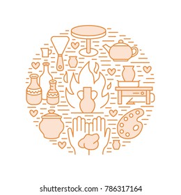 Pottery workshop, ceramics classes banner illustration. Vector line icon of clay studio tools. Hand building, sculpturing equipment. Art shop circle template.