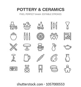 Pottery workshop, ceramics classes line icons. Clay studio tools signs. Hand building, sculpturing equipment - potter wheel, electric kiln, tools. Pixel perfect 64x64.