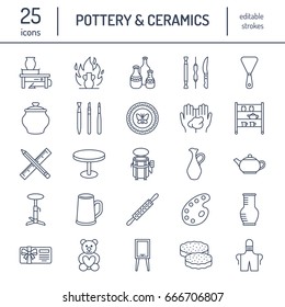 Pottery workshop, ceramics classes line icons. Clay studio tools signs. Hand building, sculpturing equipment - potter wheel, electric kiln.