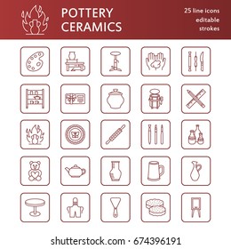 Pottery workshop, ceramics classes line icons. Clay studio tools signs. Hand building, sculpturing equipment - potter wheel, electric kiln.