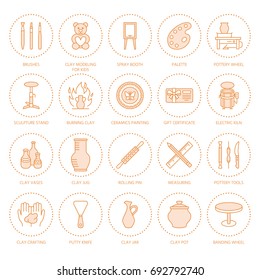 Pottery workshop, ceramics classes line icons. Clay studio tools signs. Hand building, sculpturing equipment - potter wheel, electric kiln. Thin linear signs for art shop.