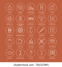 Pottery workshop, ceramics classes line icons. Clay studio tools signs. Hand building, sculpturing equipment - potter wheel, electric kiln. Thin linear signs for art shop.