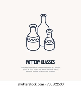 Pottery workshop, ceramics classes line icon. Clay studio tools sign. Hand building, sculpturing equipment shop sign. Illustration of ceramic vases.