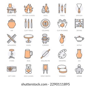 Pottery workshop, ceramics classes vector line icons. Clay studio tools signs. Hand building, sculpturing equipment - potter wheel, electric kiln. Orange color. Editable Stroke