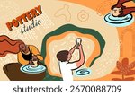 Pottery, workshop, ceramics, studio, collage. Hand drawn line vector illustration. 